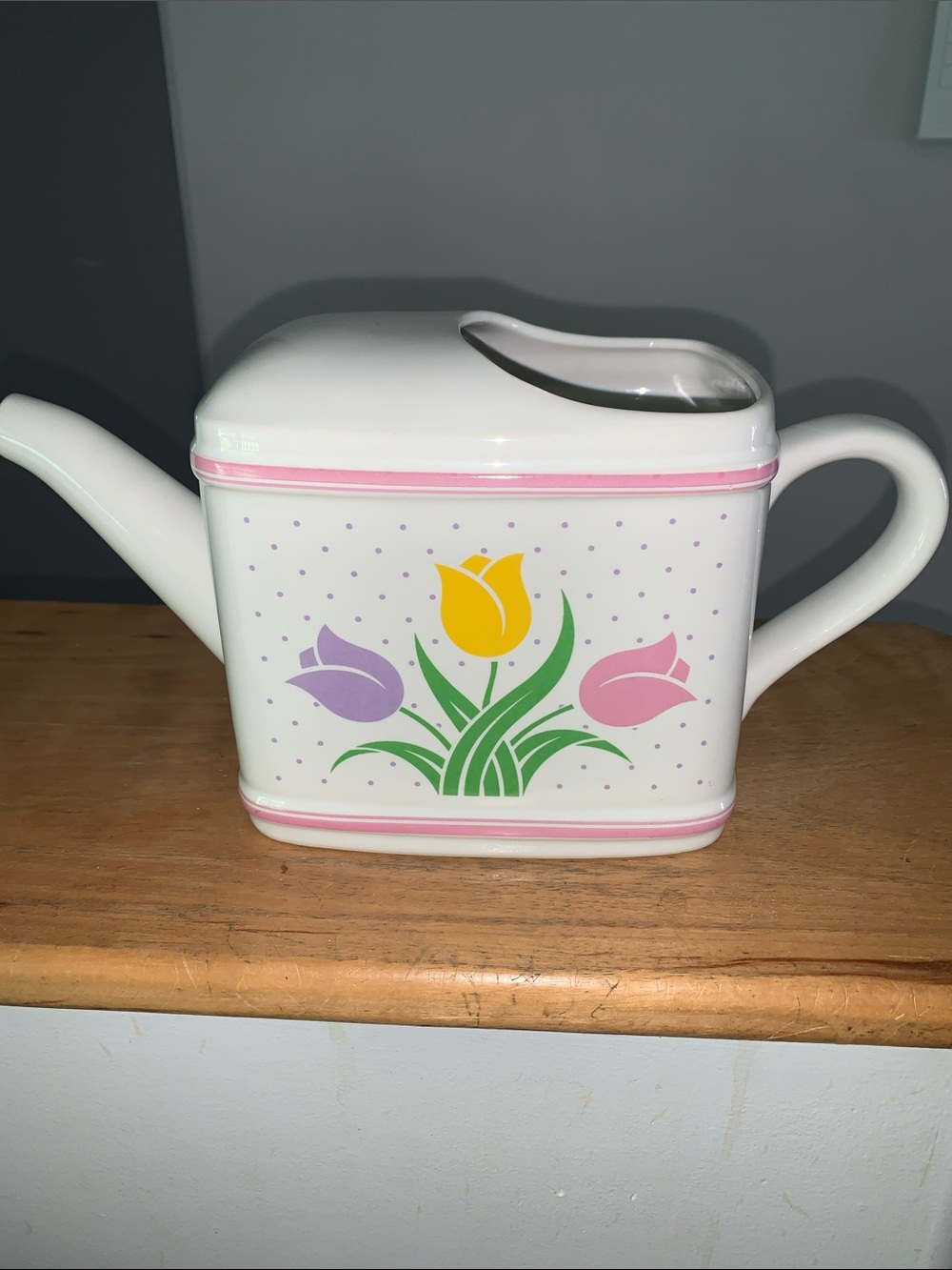 Vintage Teleflora Ceramic Watering Can with Pink, Purple & Yellow Tulips